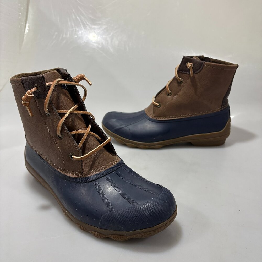 Sperry 8.5 Syren Navy Blue Rubber Brown Leather Duck Boots NEW STS84628